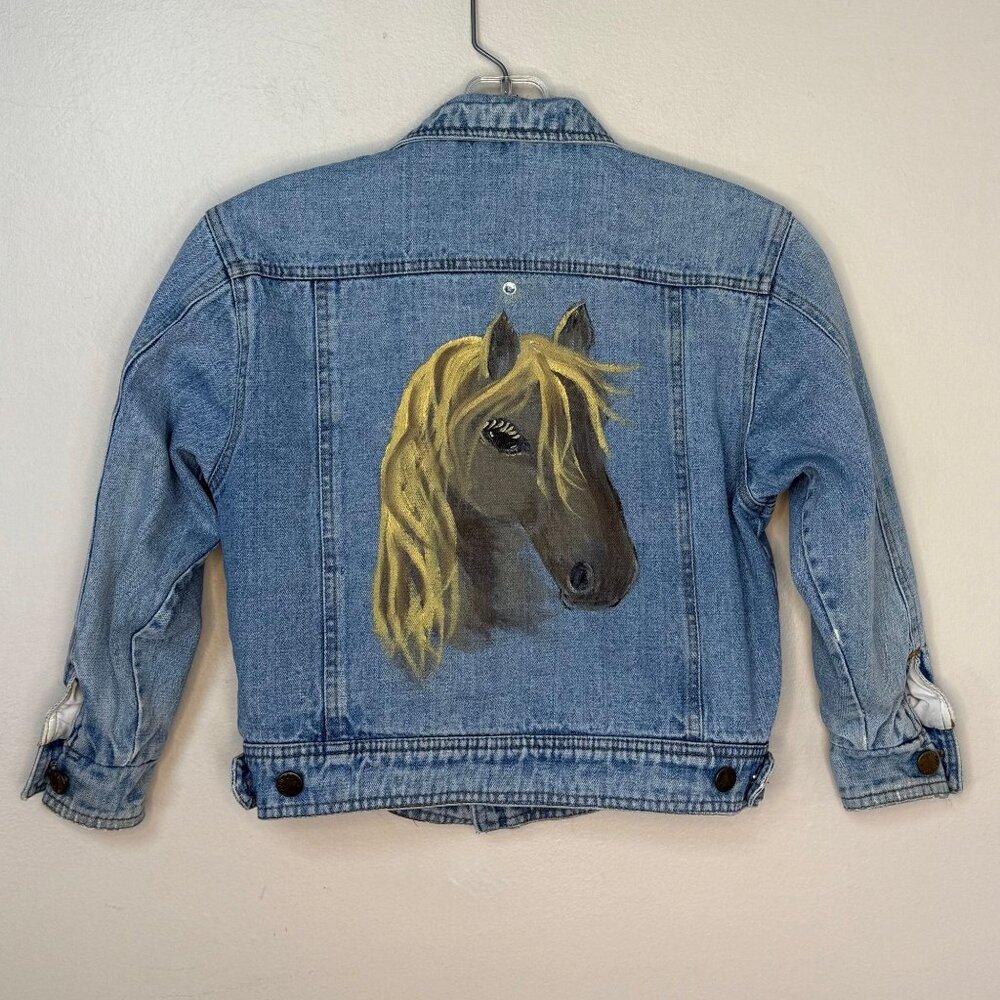 Vintage 1980s Kids Denim Jacket with Horse Painting on Back, London Fog Size 7/8